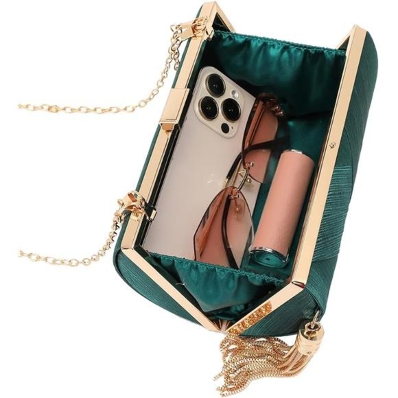 Women's Elegant Tassel Pendant Silk Evening Bag Clutch Green - Picture 6 of 6